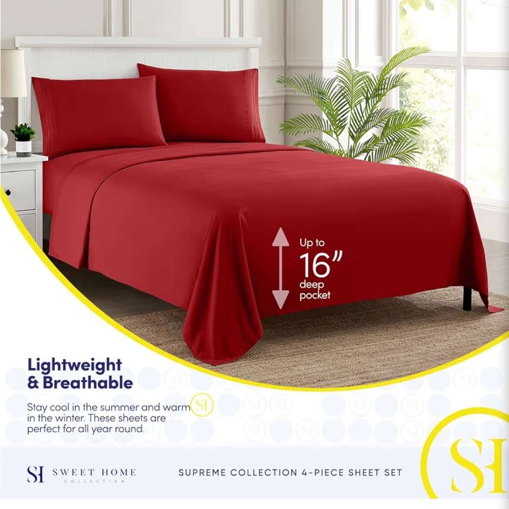 Queen Size Red Bedding Sheet Set - Classic Comfort - Picture 6 of 9